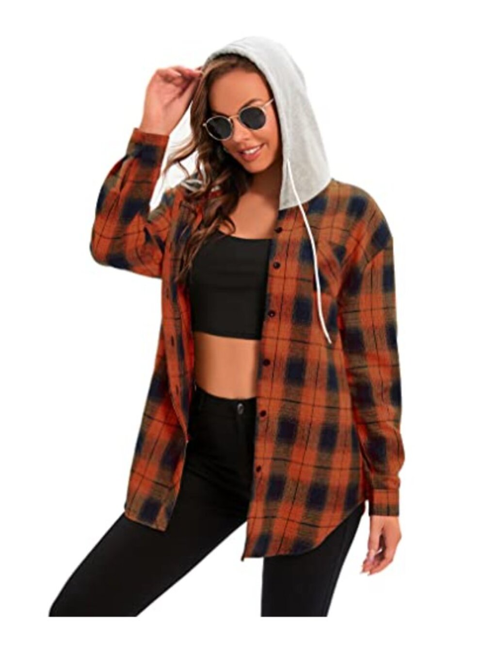 Womens Plaid Flannel Hoodie Shirt Oversized Button Down Long Sleeve